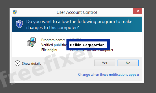 Screenshot where Belkin Corporation appears as the verified publisher in the UAC dialog